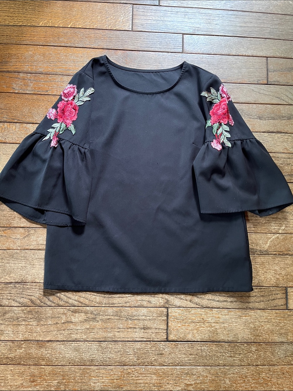 Black Floral Embroidered Patch Bell-Sleeve Women's Top